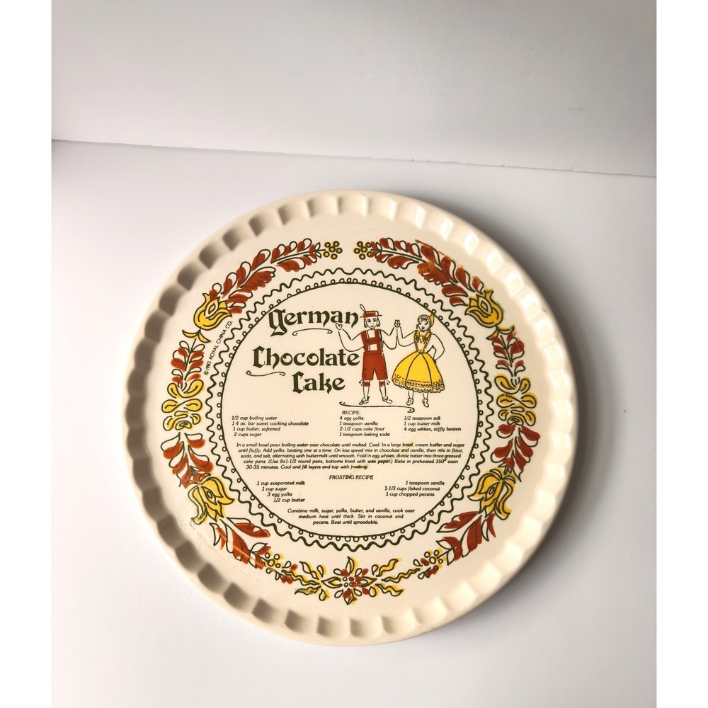 Vintage 1983 Royal China Co German Chocolate Cake Recipe Pie Plate 11 inch